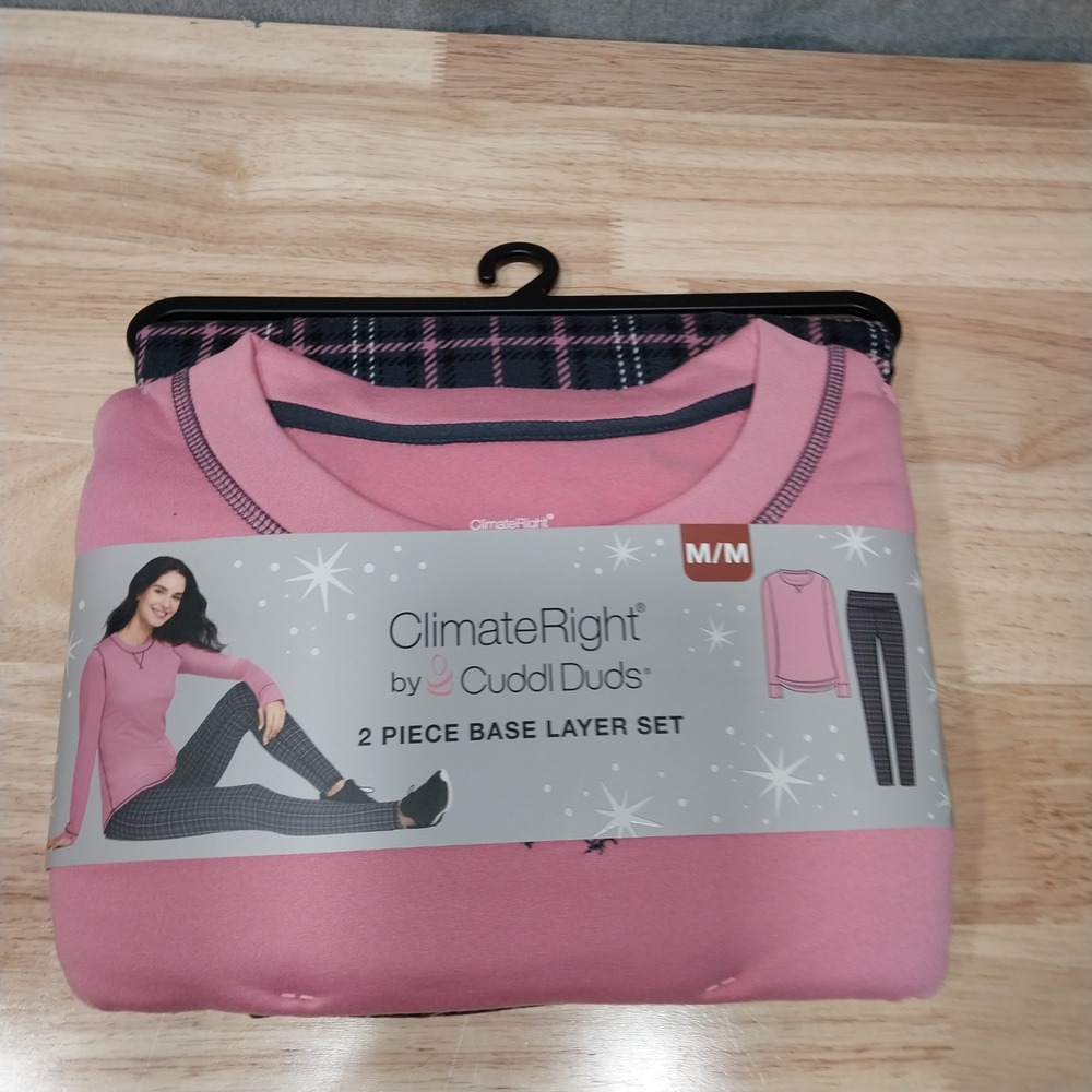 ClimateRight By Cuddle Duds Women Base Sleepwear Layer Set 2pc Plaid Medium Pink